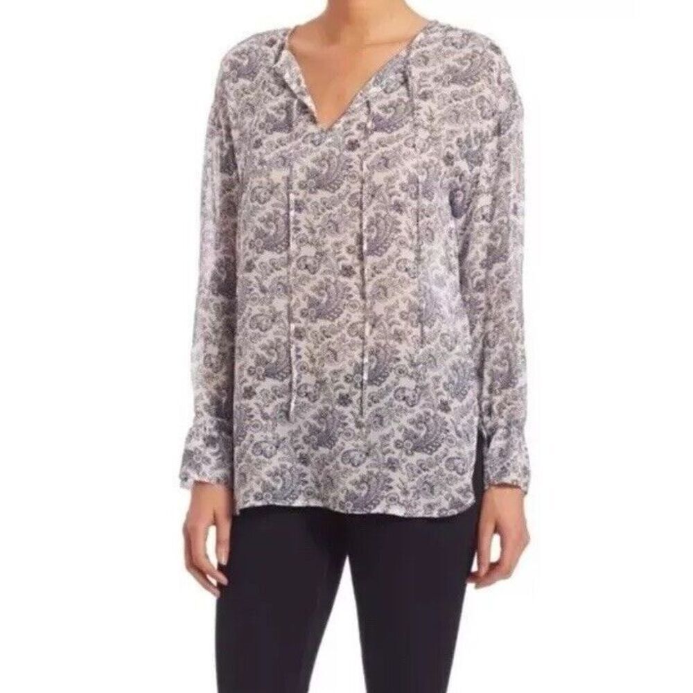 Womens Theory‎ Printed Sheer Blouse Silk Peasant  Long Sleeve Top